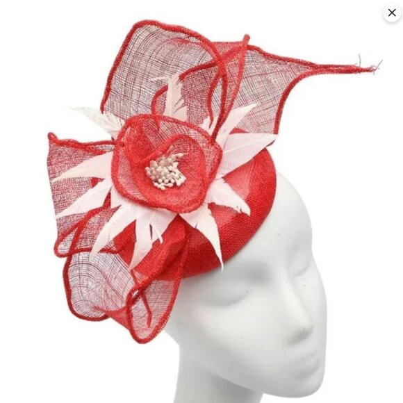 Red Sinamay & White Feather Fascinator | Derby Wedding Races Hat Headpiece - Picture 5 of 7